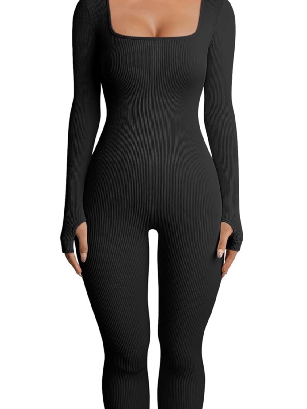Ribbed Square-Neck Long-Sleeve Jumpsuit - Black